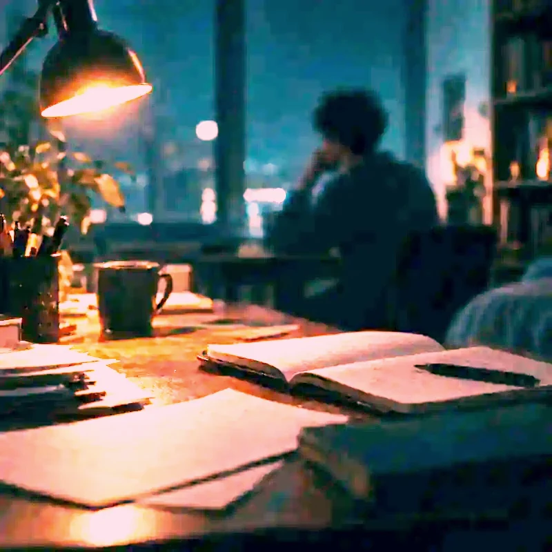 A night desk with an open notebook under a pool of lamplight