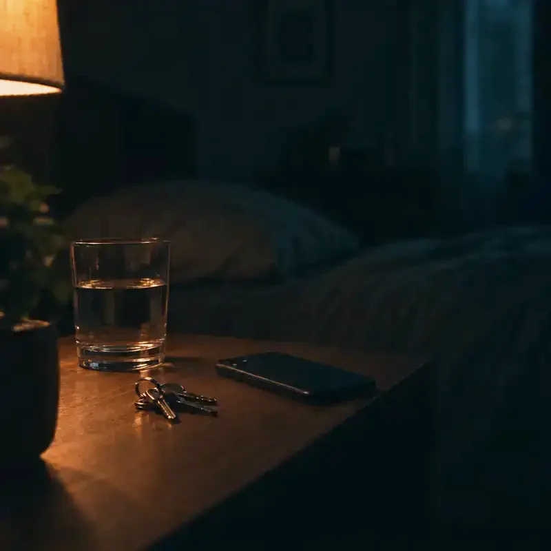 A bedside table with a glass of water and keys under a warm lamp