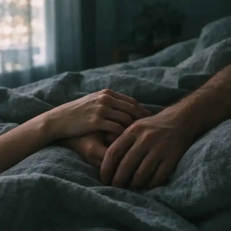 Two hands resting together on a duvet in morning light