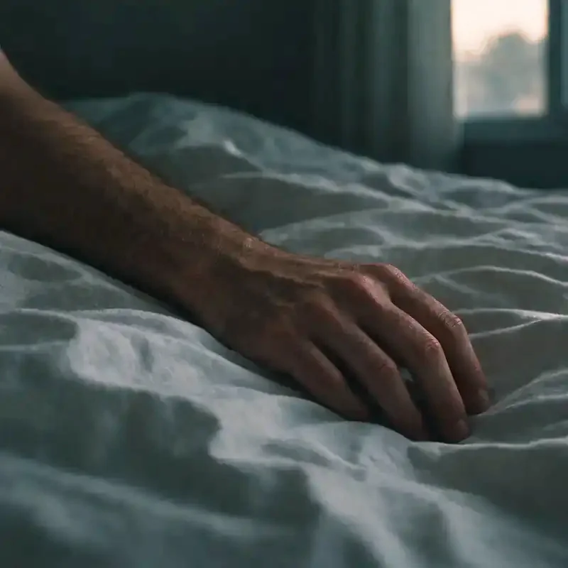 A man's hand resting on a rumpled bedsheet at dawn, a bright window behind