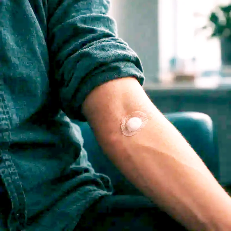 A forearm with a small bandage in the crook of the elbow after a blood draw
