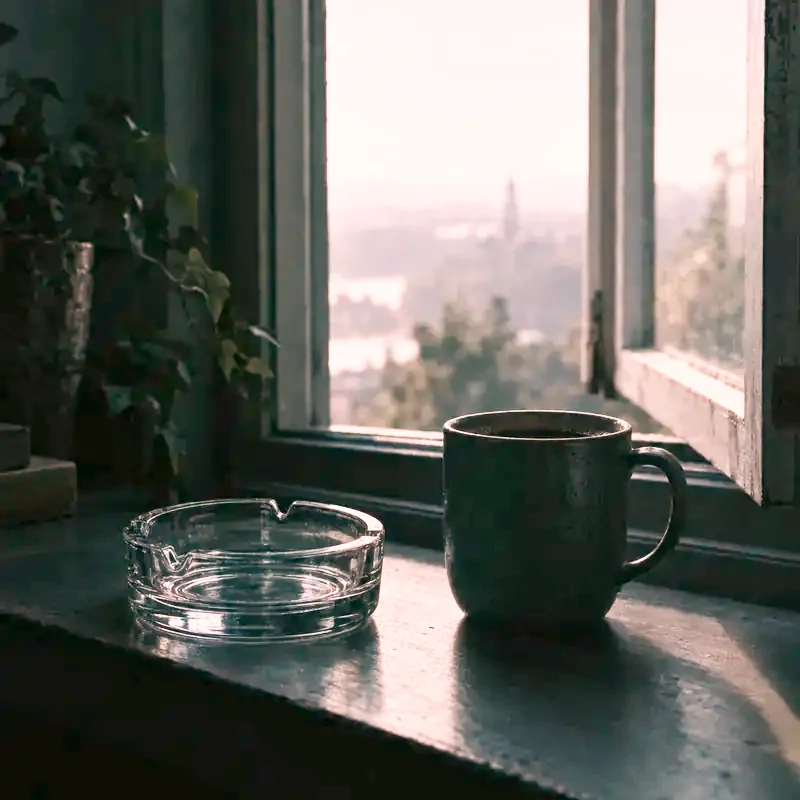 A clean empty ashtray and a coffee mug on a bright windowsill